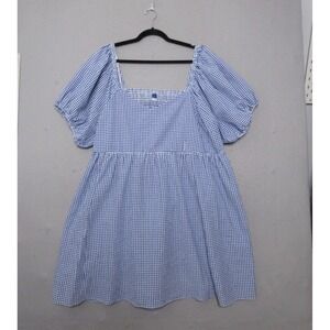 Old Navy Dress Plus 3X Blue Gingham Milkmaid Seer Sucker Pocket Smocked Puff Slv